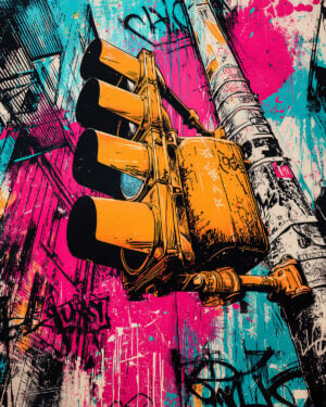 Œuvre street art réalisée avec un pochoir de feu tricolore sur un fond coloré et texturé