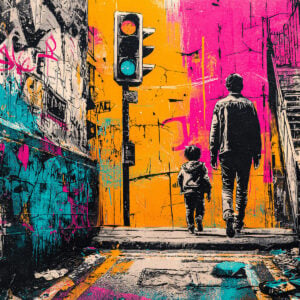 Interprétation artistique en couleur vive d'une scène urbaine avec un adulte et un enfant. Réalisé au pochoir haute qualité.