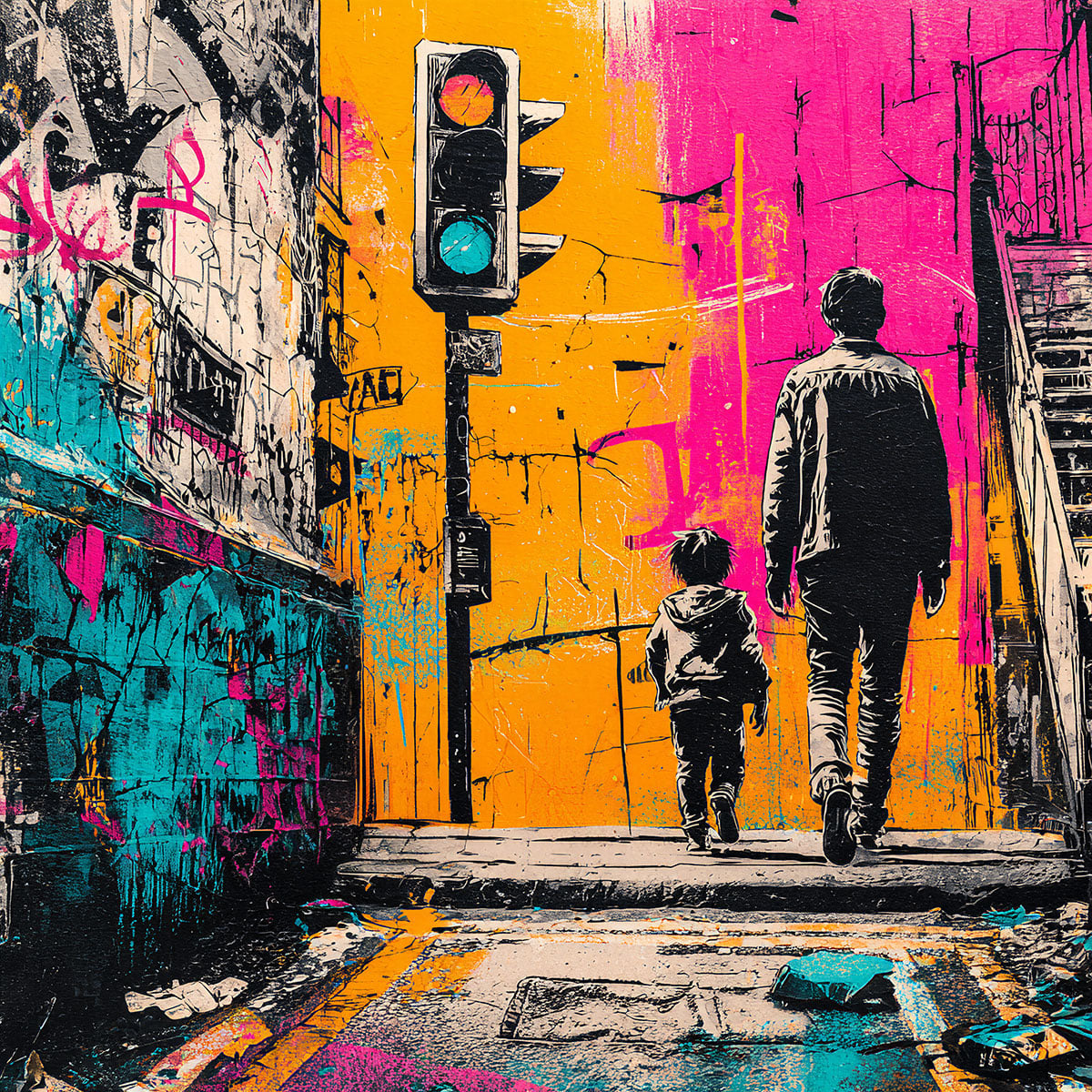 Interprétation artistique en couleur vive d'une scène urbaine avec un adulte et un enfant. Réalisé au pochoir haute qualité.