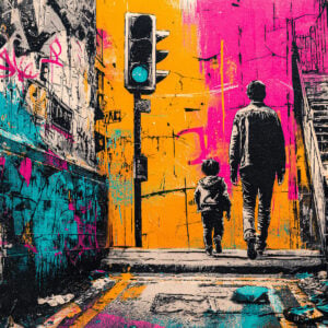 Interprétation artistique en couleur vive d'une scène urbaine avec un adulte et un enfant. Réalisé au pochoir haute qualité.