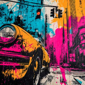 Création Street Art au pochoir représentant une voiture en très gros plan, avec un phare imposant et une rue en perspective bordée d'immeubles en arrière plan.
