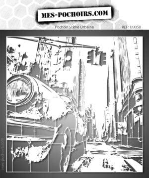 Pochoir réutilisable Voiture – Perspective Urbaine représentant une automobile en gros plan dans un décor de rue et d'immeubles.